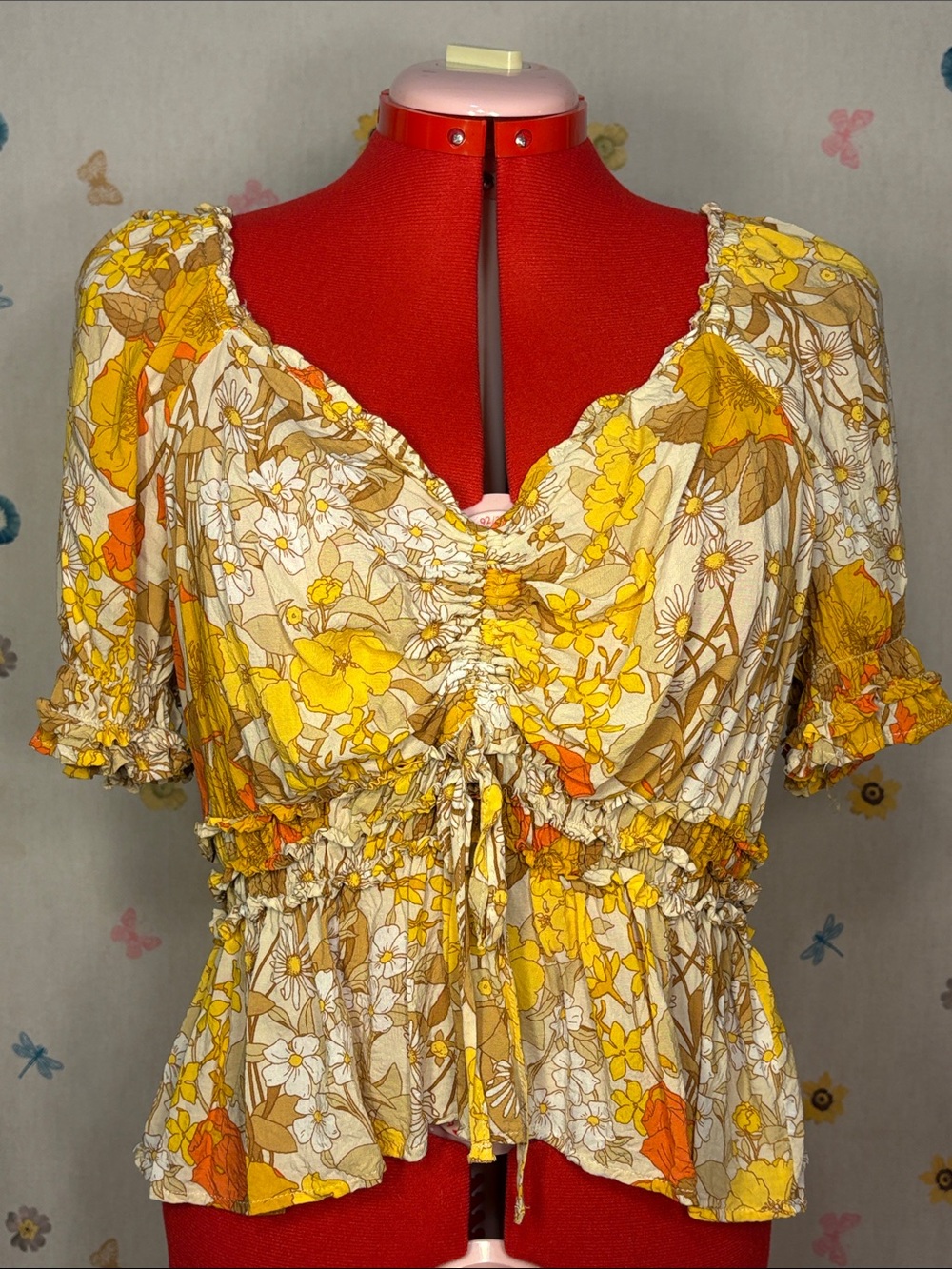 Cato - Yellow 70’s Print Floral Ruched Tie Front Blouse Cottagecore Casual Flirt